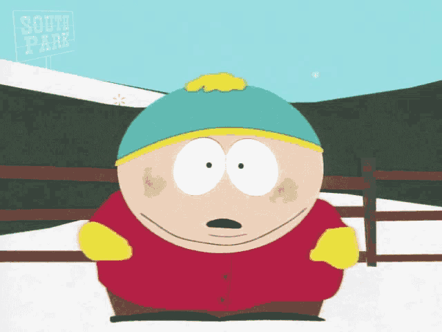 a cartoon character from south park stands in front of a snowy fence