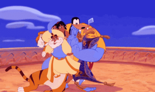 a group of cartoon characters including goofy and aladdin are hugging each other