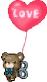 a teddy bear is holding a heart shaped balloon with the word love written on it .