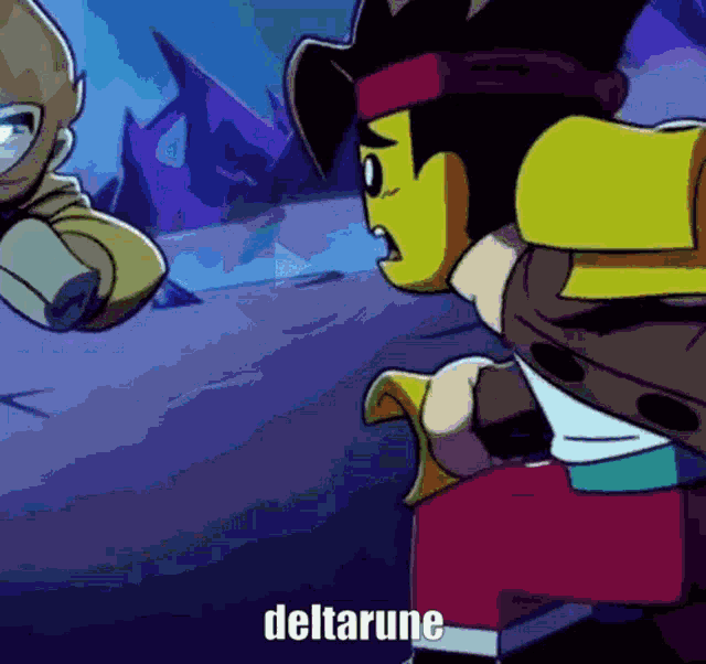 a cartoon character is standing next to another character with the word deltarune written on it .