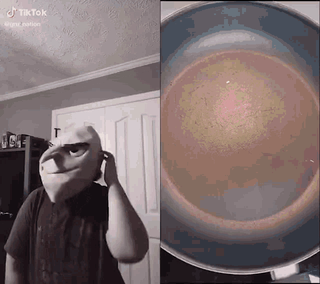 a man wearing a mask next to a pot that says tiktok