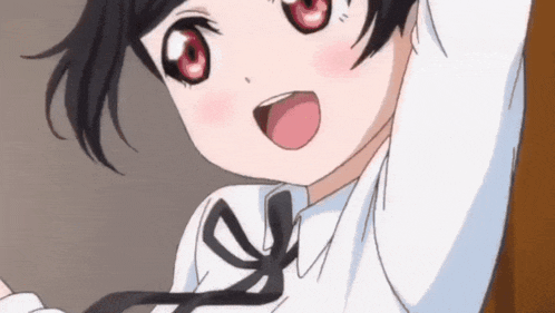a girl with black hair and red eyes is wearing a white shirt and black bow tie