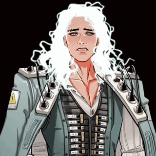 a cartoon drawing of a man with white hair and a warning sign on his shoulder