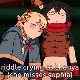 two anime girls are sitting next to each other with the words riddle crying to chenya she misses sophia
