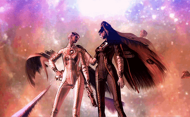 two women standing next to each other with guns in a video game