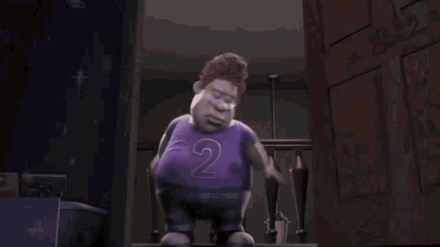 a cartoon character is wearing a purple shirt that says dj77 online 2