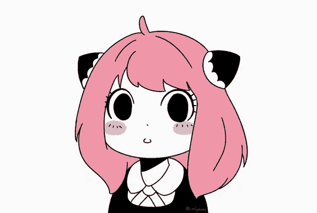 a black and white drawing of a girl with pink hair and cat ears