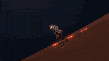a man is flying through the air with a sword in his hand while being struck by a red lightning bolt .