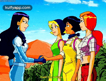 a group of cartoon girls are shaking hands with each other .
