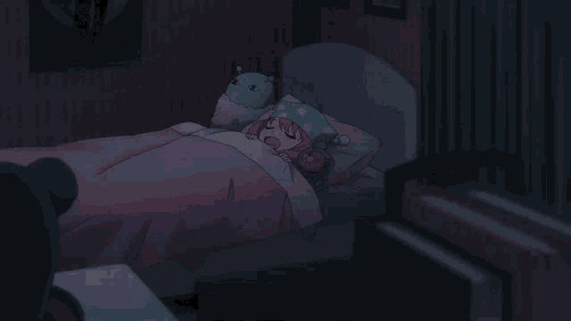 a girl is sleeping in a bed with a poster that says spy wars on the wall behind her