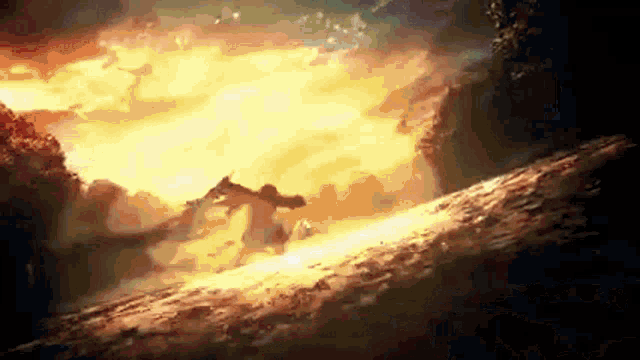 a painting of a person flying through the air with a sunset in the background .
