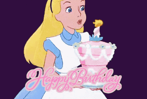 alice from alice in wonderland is holding a birthday cake with sparklers