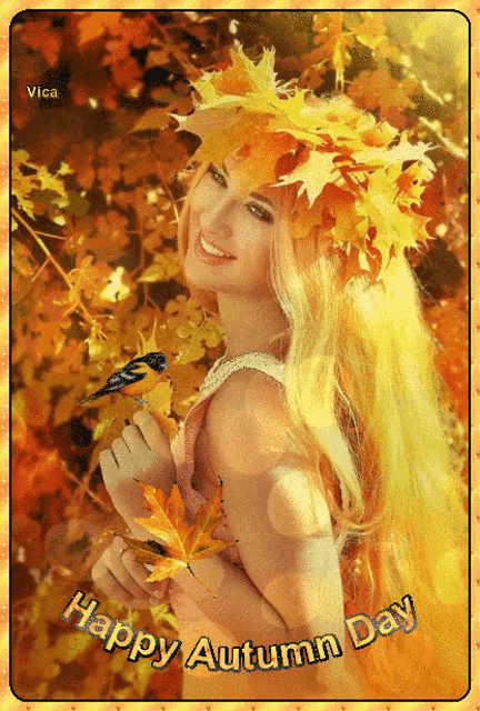 a woman with a wreath of leaves on her head and the words happy autumn day on the bottom