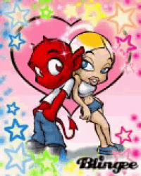 a cartoon of a devil and a girl with a heart in the background .