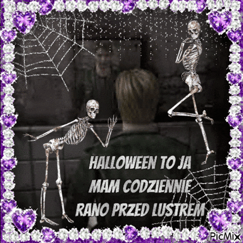 two skeletons are dancing in front of a mirror with the words halloween to ja mam codziennie rano przed lustrem