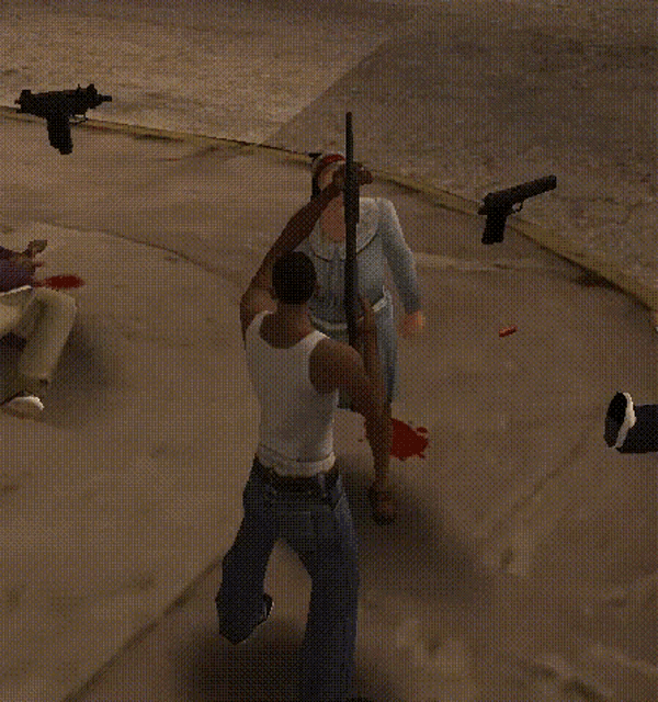 a man in a white tank top is holding a gun