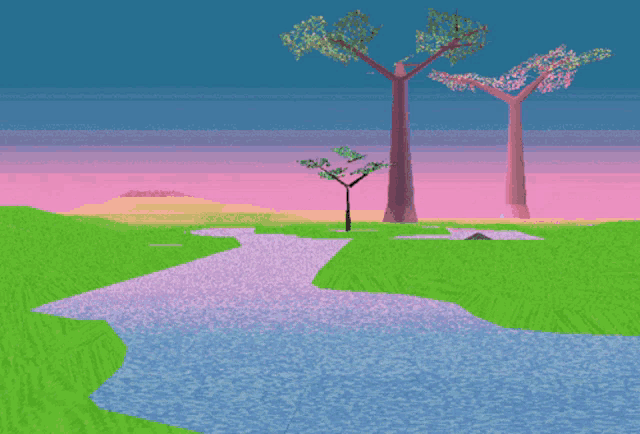a cartoon landscape with trees and a river in the foreground