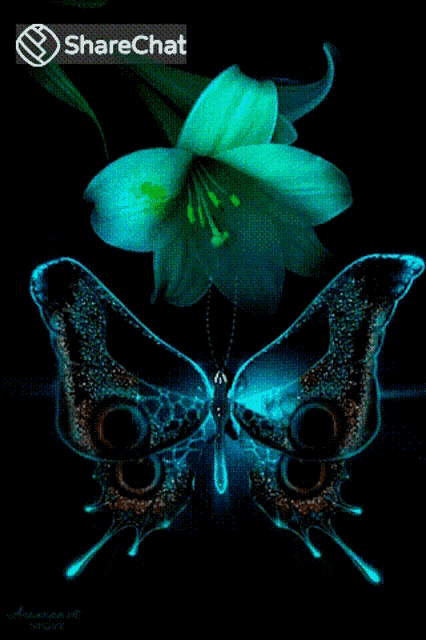 a butterfly is sitting next to a green flower and the words sharechat are on the bottom