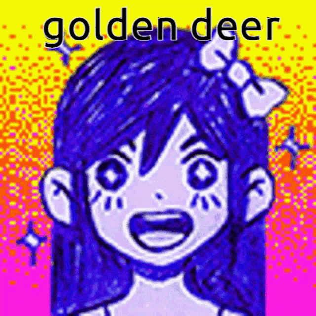 a drawing of a girl with blue hair and a bow in her hair with the words `` golden deer '' written on it .