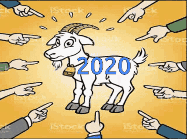 a cartoon of a goat with the year 2020 on it surrounded by people pointing at it .