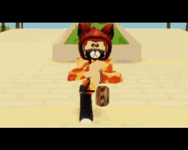 a roblox character wearing a mask and a hoodie is standing on a sidewalk .