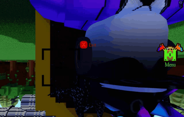 a computer screen shows a red exit button and a menu button