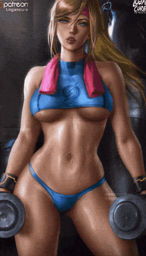 a woman in a blue bikini is holding a pair of dumbbells and a towel around her neck