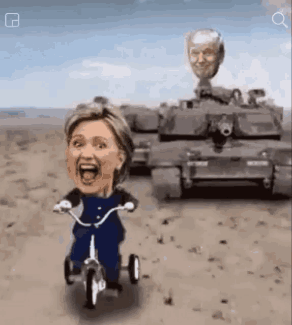 hillary clinton is riding a tricycle in front of a tank .