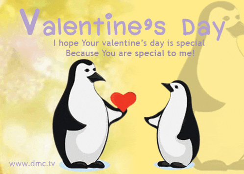 a valentine 's day card with two penguins holding a red heart
