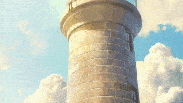 a brick lighthouse with a blue sky and clouds in the background