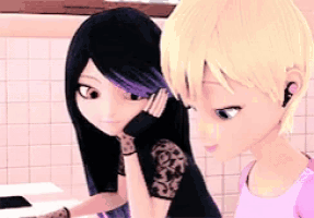 two cartoon girls are standing next to each other in a kitchen