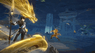 a man with a sword and a dragon behind him