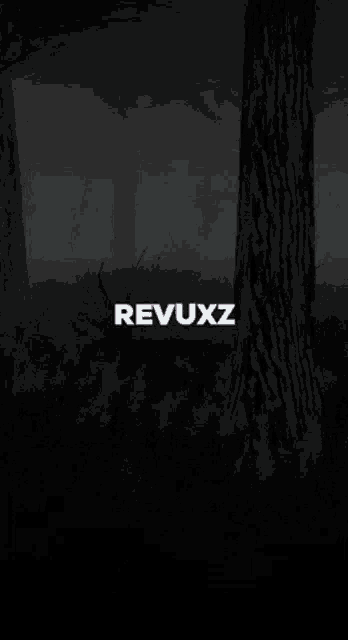 a dark forest with the word revuxz in the middle