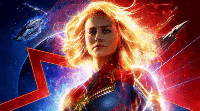 a poster for captain marvel shows a woman in a red and blue suit
