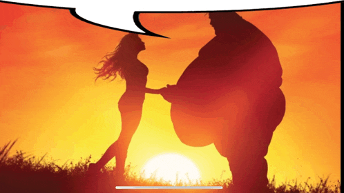 a silhouette of a man and woman holding hands with a speech bubble above them