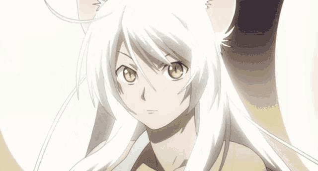 a girl with white hair and cat ears looks at the camera