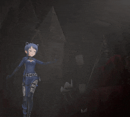 a woman in a catsuit is standing in a dark room in a video game