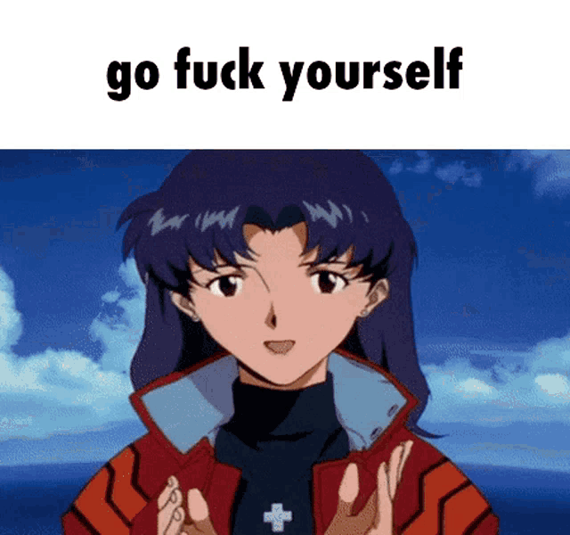 a picture of a girl with purple hair and the words go fuck yourself