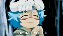a cartoon character with blue hair and a skull hat is smiling and says `` cheer up leigh '' .
