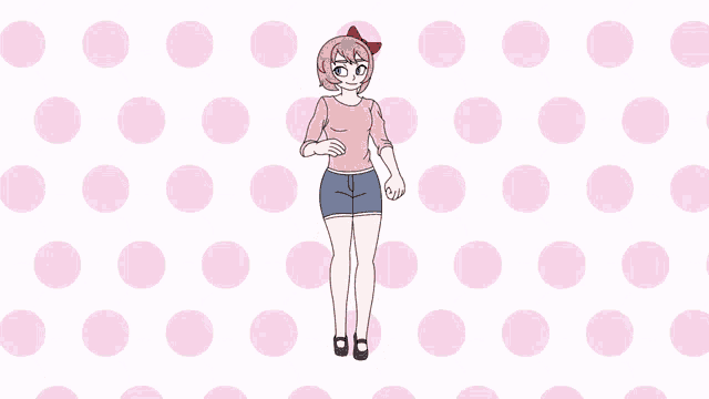 a cartoon drawing of a girl in a pink shirt and blue shorts