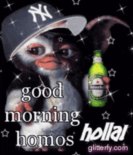 a gizmo is wearing a ny hat and holding a bottle of heineken