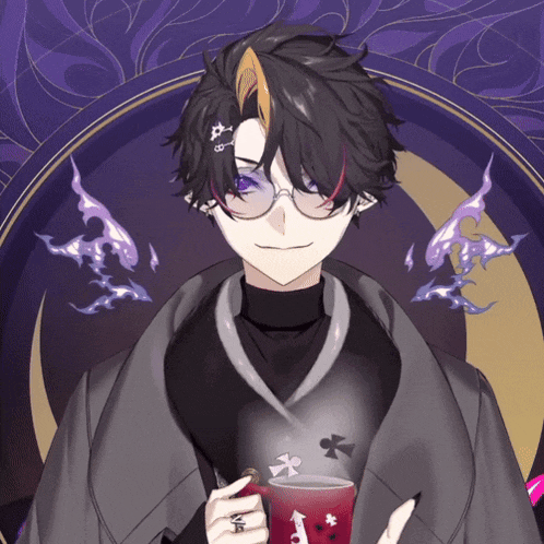 a boy with glasses is holding a cup of coffee