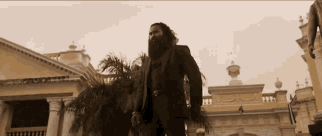 a man with long hair and a beard is standing in front of a building