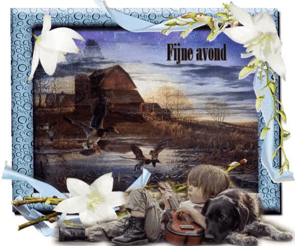 a picture of a boy playing a guitar with the words fijne avond written on the bottom