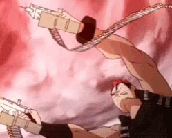 a cartoon character is holding a gun and a chain around his neck