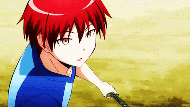 a boy with red hair is holding a sword in his hand