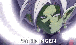 a close up of a dragon ball z character with the words `` non ningen '' written on it .
