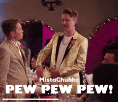 two men in suits are standing next to each other with pew pew pew written on the bottom