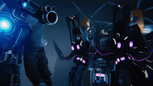 a robot with purple lights on it 's arms and legs
