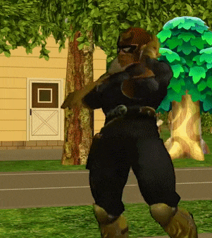 a video game character is standing in front of a house and trees